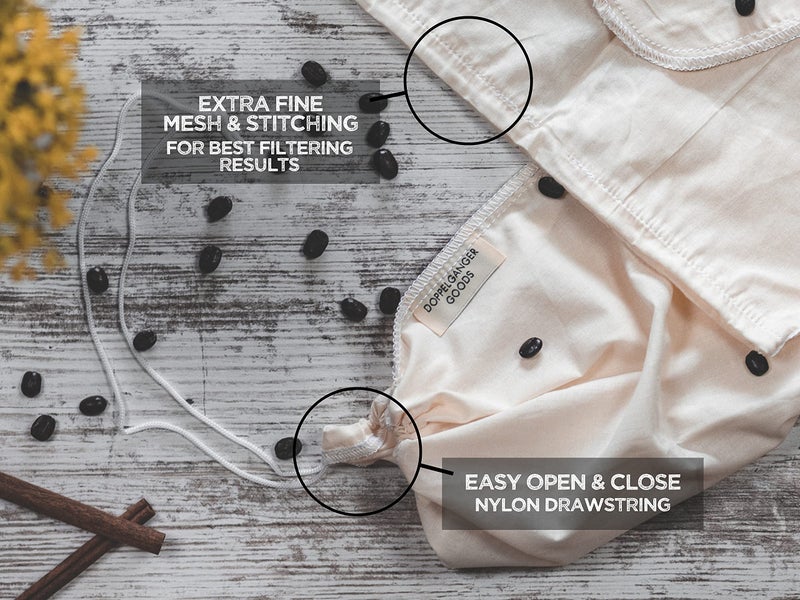 Doppeltree (2-Pack, Large 12in x 12in) Organic Cotton Cold Brew Coffee Bag - Designed in California - Reusable Coffee Filter with EasyOpen Drawstring Cold Brew Maker for Pitchers, Mason Jars, & Toddy Systems - Image 2